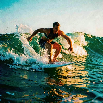Cross-processed slide film photograph, Surfer riding wave at golden hour, water 