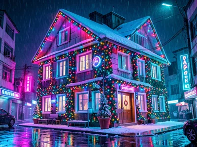 House exterior covered in Christmas lights, all colors, nighttime, snow on roof
