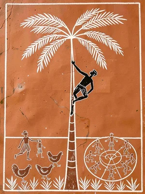 Man climbing a palm tree — stick figure ascending, fronds at top, chickens below