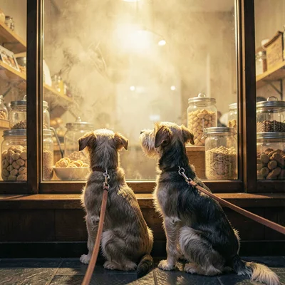 Atmospheric scene of two dogs on leash peering through a misty bakery window, wa