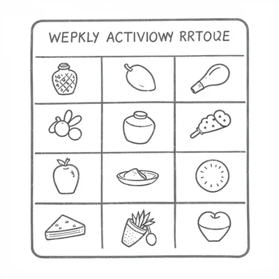 hand-drawn weekly activity rotation chart, simple icons, no text