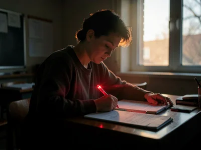 Teacher grading papers after hours, rim light from window, classroom dark, red p