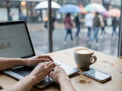 A person's hands typing on a laptop in a café, the laptop taking up the bottom t