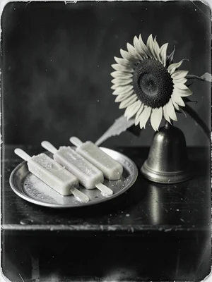 Three popsicles melting onto a silver tray beside a wilting sunflower and a bras
