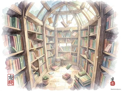 Enchanted library with floating books, tilt-shift miniature feel
