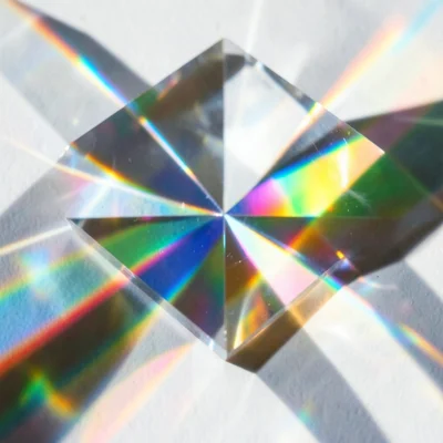 Crossed prism beams creating diamond-shaped color intersections on a white wall,