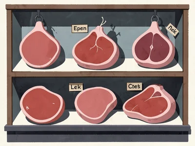 Butcher shop window display — cuts of meat labeled only by shape and color