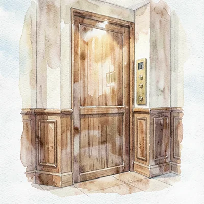 Watercolor of a private elevator with brass buttons and a polished wood interior