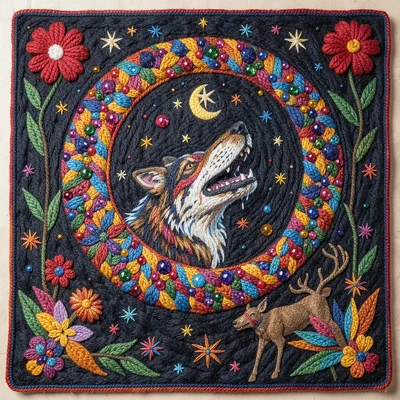 Wolf howling at moon — crescent moon framed by stars and peyote blossoms