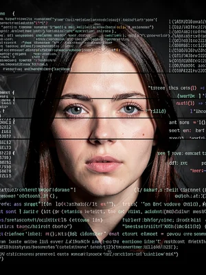 Portrait fragmenting horizontally, face becoming landscape becoming code