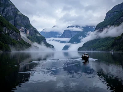 Boat creating only ripple in still fjord