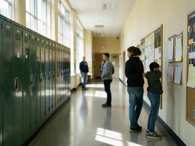 Empty university corridor with lockers and bulletin boards, afternoon light thro