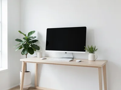 Minimalist home office setup with large monitor, plant, and clean white walls