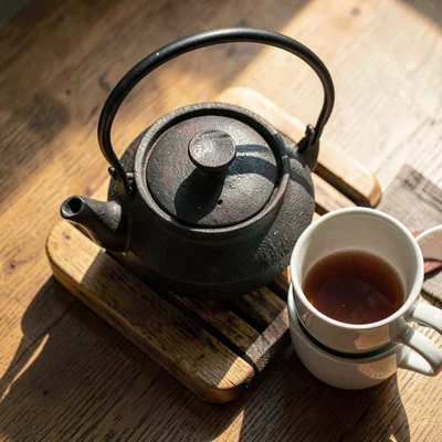 Warm overhead of a cast-iron tetsubin teapot on a wooden trivet beside a stack o