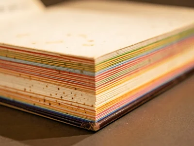 Rainbow page edges from a color-coded reference book, gradual spectrum visible f