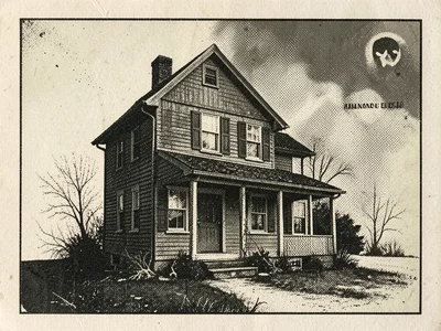 Haunted house print in riso, registration offset creating ghostly double