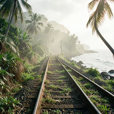 Tropical light on Sri Lankan colonial decay, Double railway track curving along 