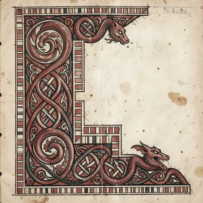 Manuscript page corner — knotwork spiral infill and step-fret border meeting at 