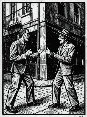 Two figures arguing on a street corner, angular distorted gestures