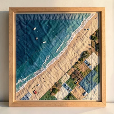 Quilted textile of summer coastline from above, blue and sandy fabrics