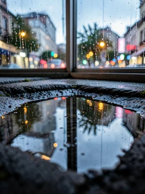 Raindrops streaming down a window glass, city lights blurred into bokeh behind