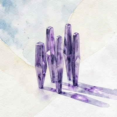 Cluster of amethyst lowpoly tuning forks standing upright with violet planes thr