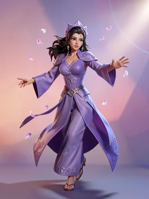 Twilight glamour-mage in lilac silks with floating-petal accents, hand outstretc