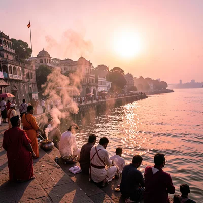 Varanasi ghat dawn, Ganges pink-gold light, incense smoke rising from offerings,