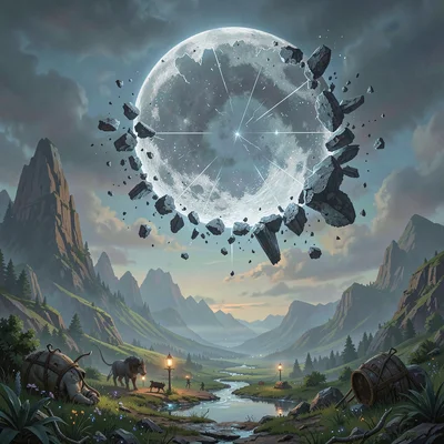 Fantasy environment illustration, a shattered moon hanging over fantasy landscap