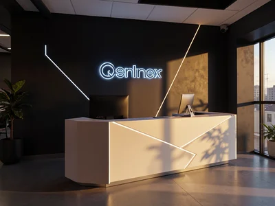 Modern reception desk in a tech startup, clean lines, neon logo on dark wall