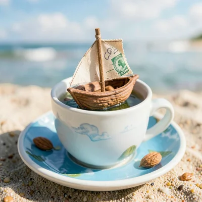 Walnut shell boat on teacup ocean, tiny sail made from postage stamp