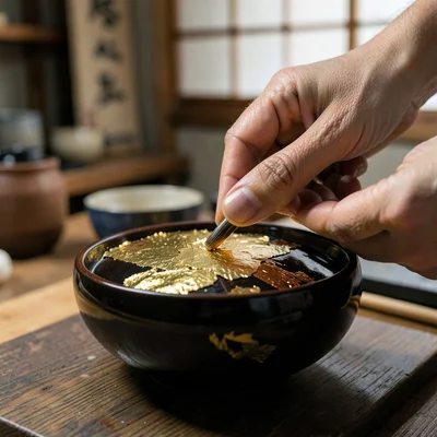 Kanazawa gold leaf craft, extreme delicacy, artisan hands pressing gold leaf ont