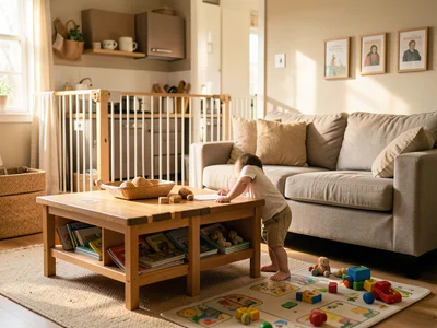 A living room that has been baby-proofed — foam corner guards on the coffee tabl