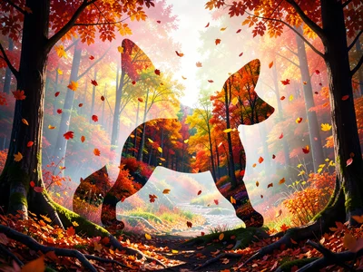 Fox silhouette filled with autumn woodland and falling leaves, double exposure