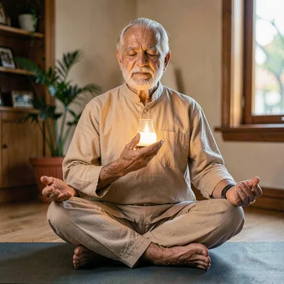 A patient elder Indian yoga teacher in his seventies sitting in lotus, lamp warm