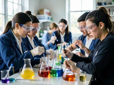 Science lab with students in safety goggles conducting an experiment, beakers an