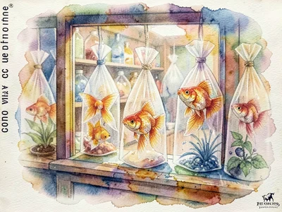 Pet store window display, goldfish in plastic bags, hand-painted pigments bleedi