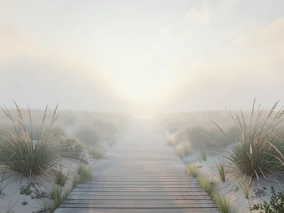 Boardwalk through a dune meadow at dawn, far end already entered into pale air,