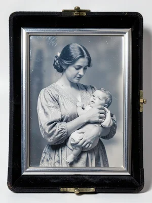 Daguerreotype-style maternal portrait, mother holding infant, silver tones