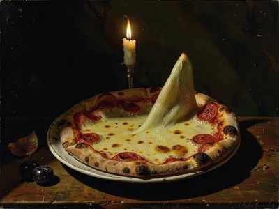 Pizza slice with stretching cheese, single light source from above creating dram