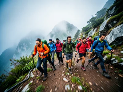Group of friends hiking single file on misty mountain ridge trail
