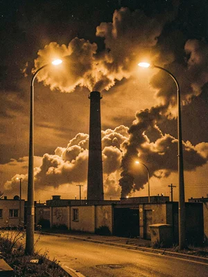 Industrial smokestack against orange-lit clouds, pollution at night