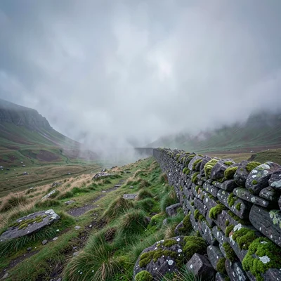 Highland atmospheric mist, Skye grey-green-purple, Dry stone wall disappearing i