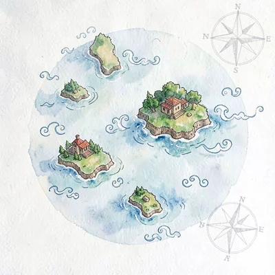 Map vignette of a cluster of fictional islands with whimsical wave doodles and a