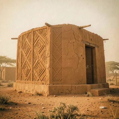 Golden Harmattan dust haze in Bamako, Mali, Banco mud building with geometric re