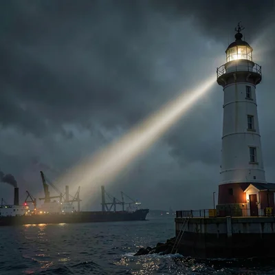 A lone lighthouse beam cutting through fog at an industrial port