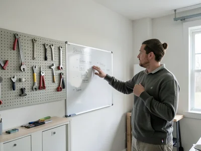 Person on video call gesturing at whiteboard in garage-turned-office, tools stil