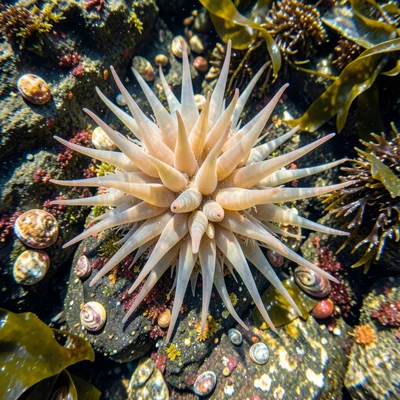 Barnacle cluster feeding, cirri (feathery legs) extended from shell cones, filte