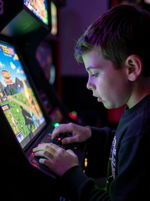 A teenager's face illuminated by an arcade cabinet's glow, playing a game that c