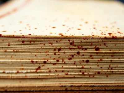 Sprinkled edge antique book, red-brown ink spots deliberately applied to page ed